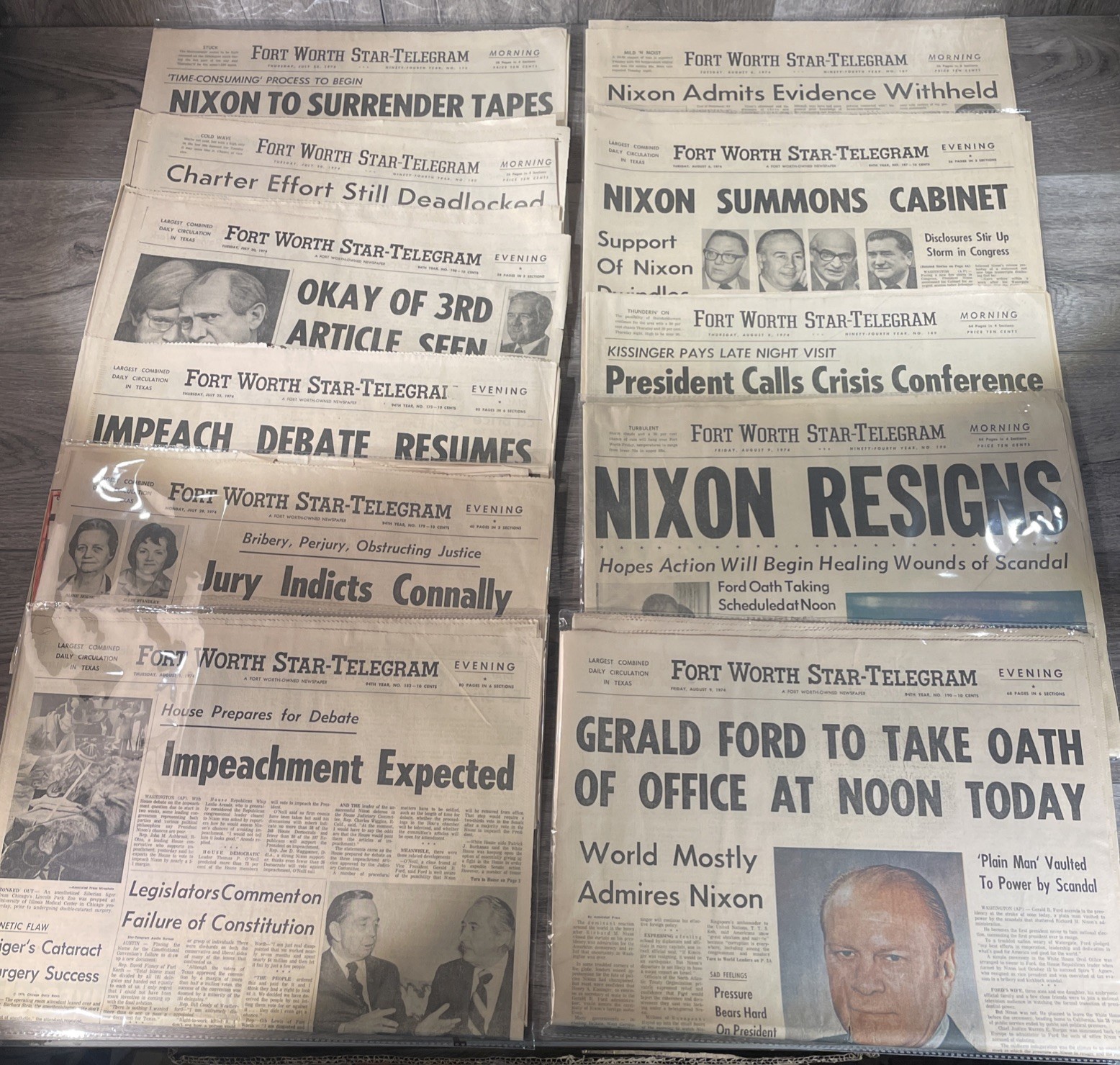 Fort Worth Star-Telegram Watergate Newspaper Lot (11) Nixon Resign 1974 7/25-8/8