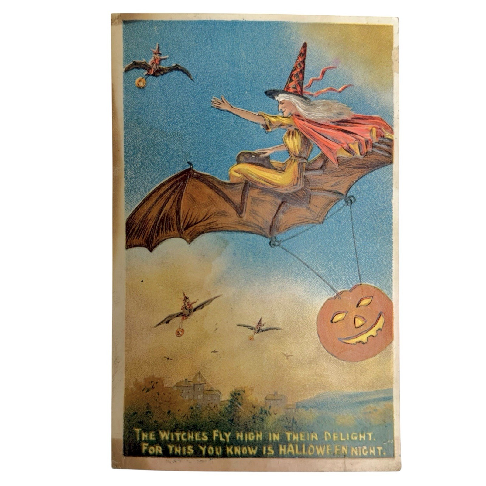 Antique Halloween Postcard Witches Flying Embossed Pumpkin Anglo American 876