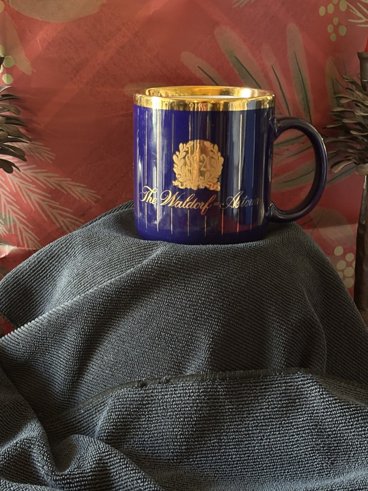 Vintage Waldorf Astoria Hotel Coffee Mug Cobalt Blue Gold Pinstripe