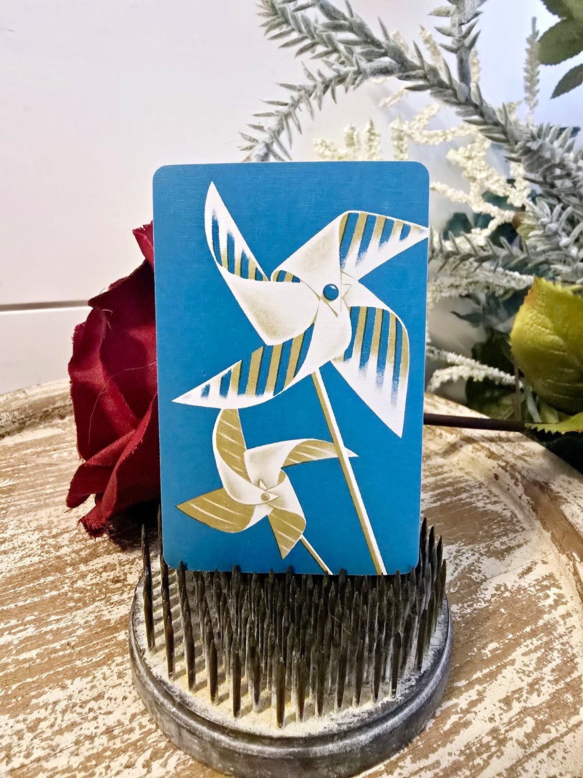 Vintage Midcentury Windmill Playing Card, Pinwheel Swap Card, Trade Card