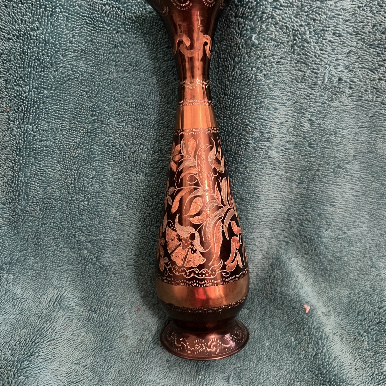 8.5” Vtg Etched Copper Vase Turkish