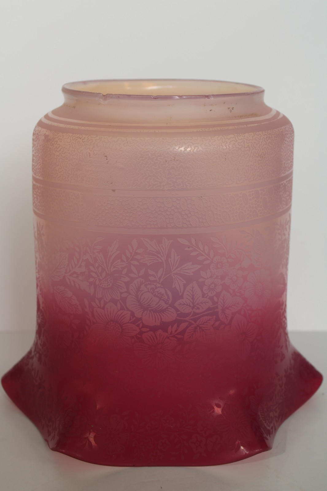 Antique 19th Century Victorian Floral Satin Etched Cranberry Lamp Shade (8.25\