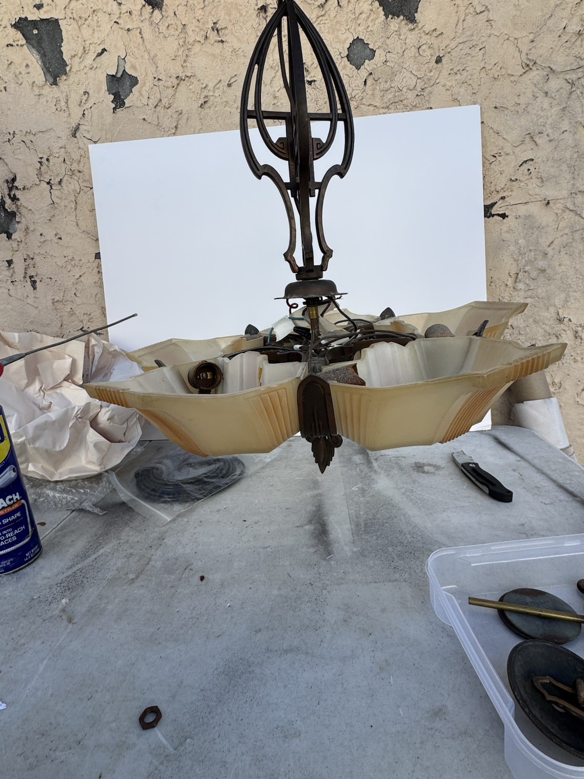 1930s Solid Bronze Art Deco 5 Light Slip Shade Hanging Fixture Read Description