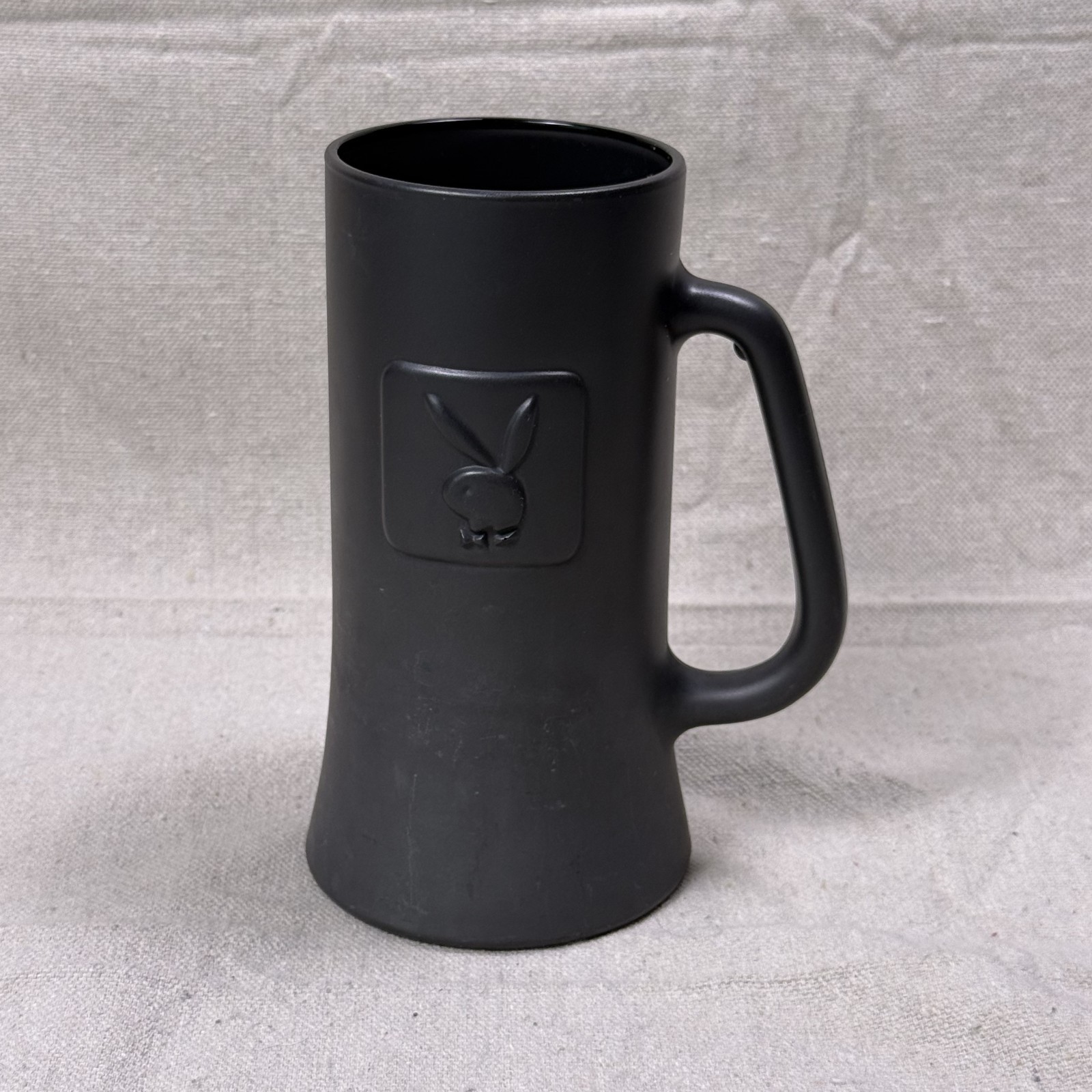 VTG 1970s Playboy Club Glass Mug Beer Stein Tall Matte Black Glass Bunny Logo