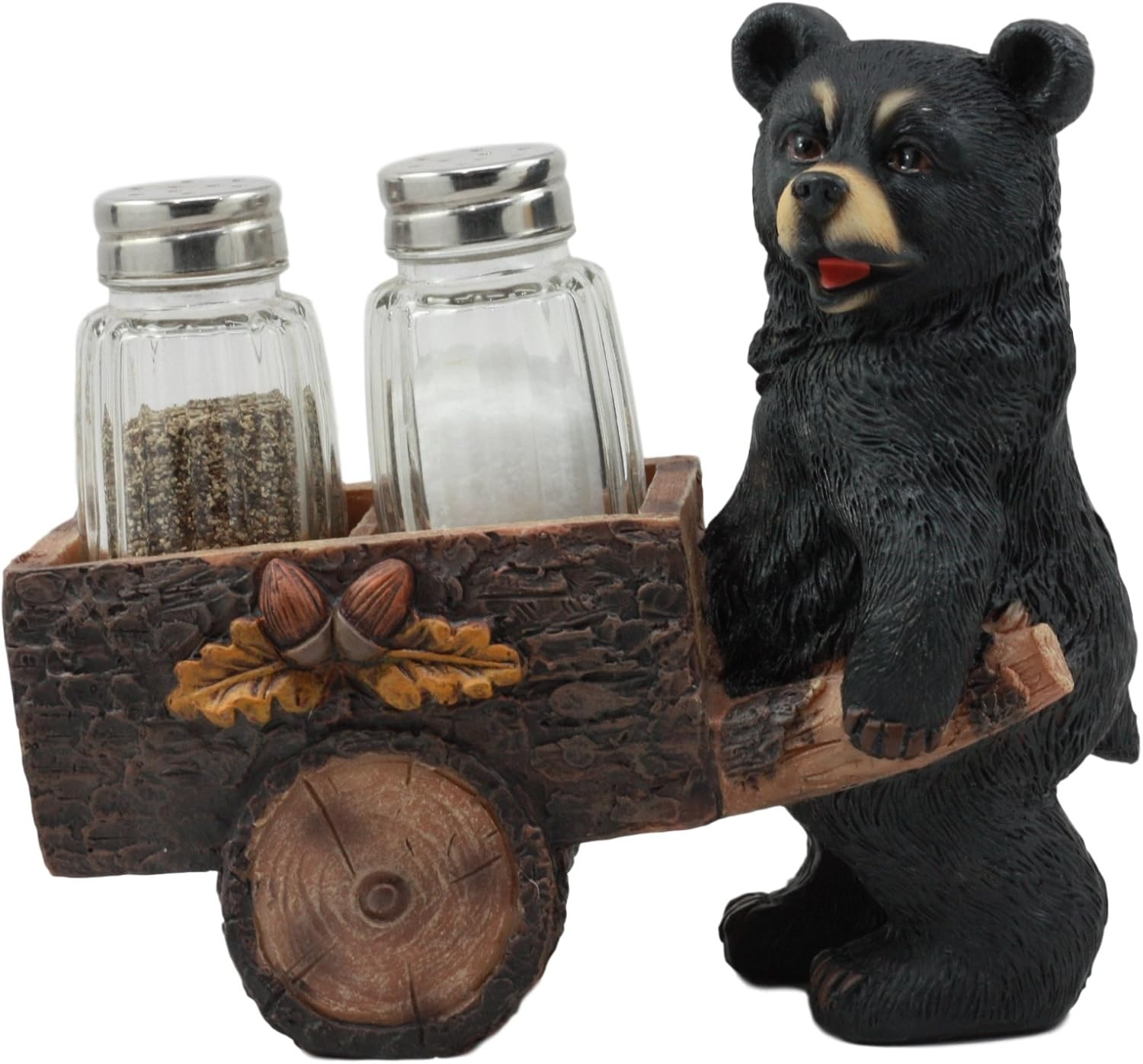 Ebros Woodlands Spice Delivery Black Bear Pushing Vintage Wagon Cart Salt and Pe
