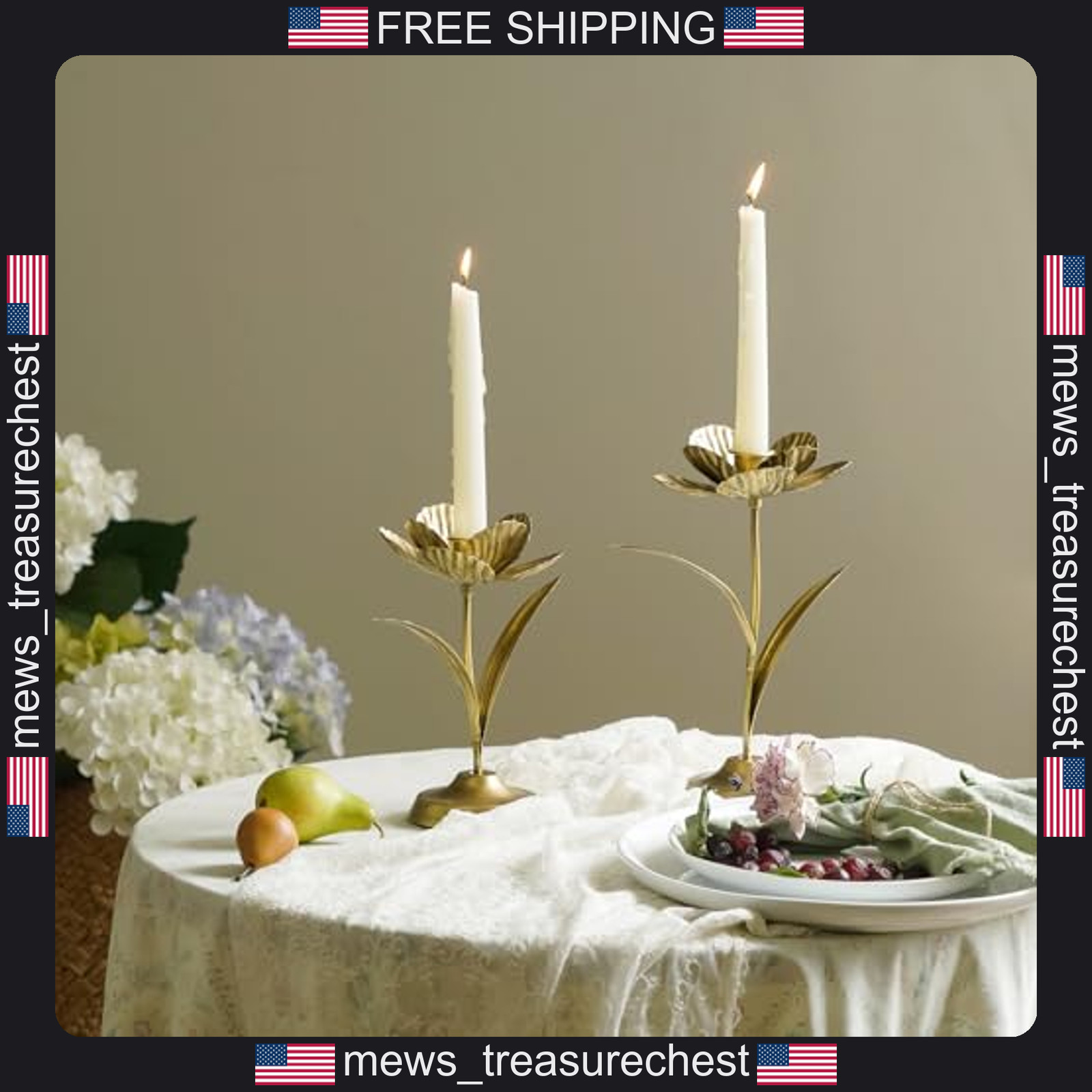 Vintage Gold Tulip Candle Holders Set of 2 for Dining & Decor
