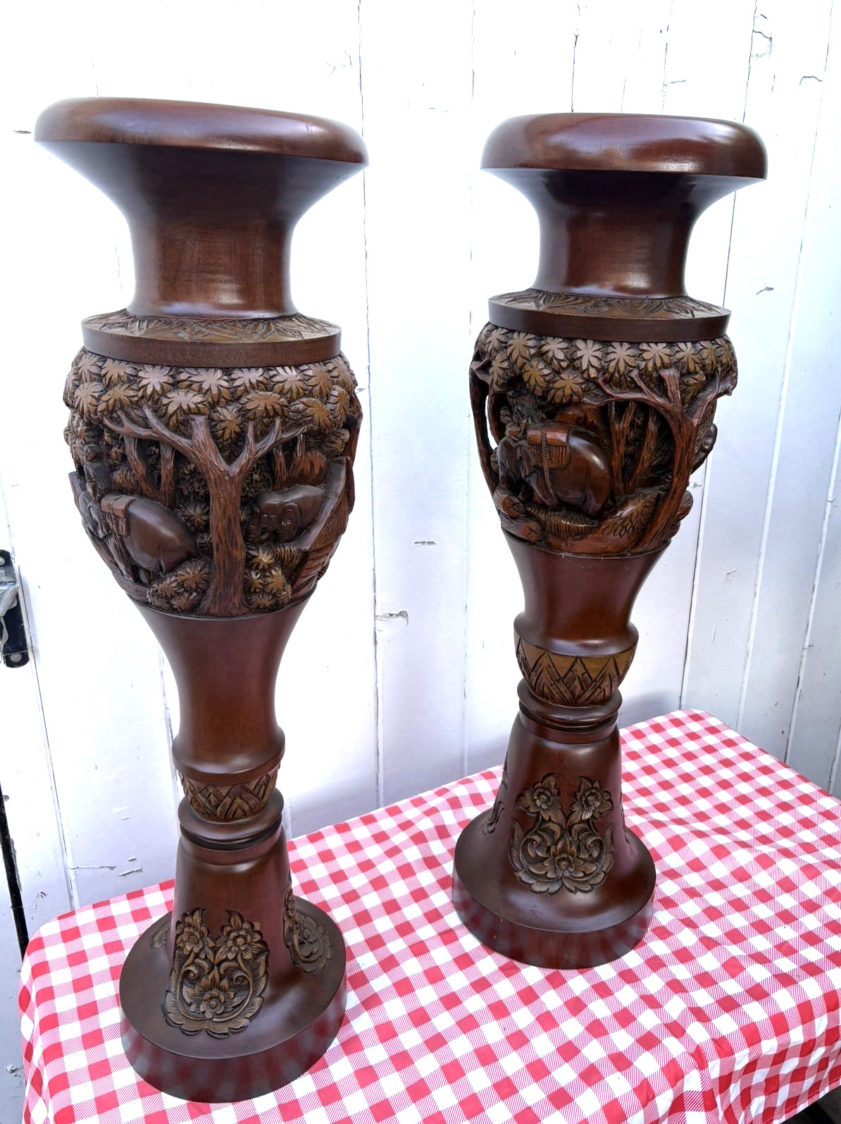 RARE PAIR 3.3 FOOT TALL BIG OLD CHINESE WOOD CARVED VASES ELEPHANTS JUNGLE TREES