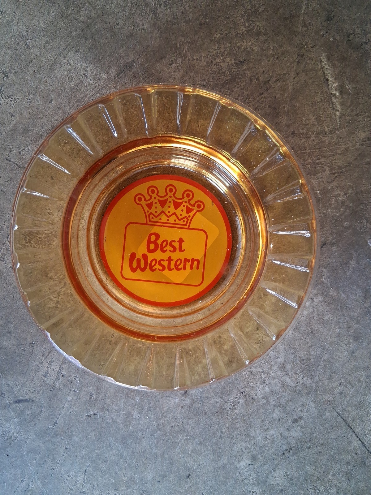 Vintage Best Western Hotel Ashtray 1970's Logo Amber Glass Round Advertising.
