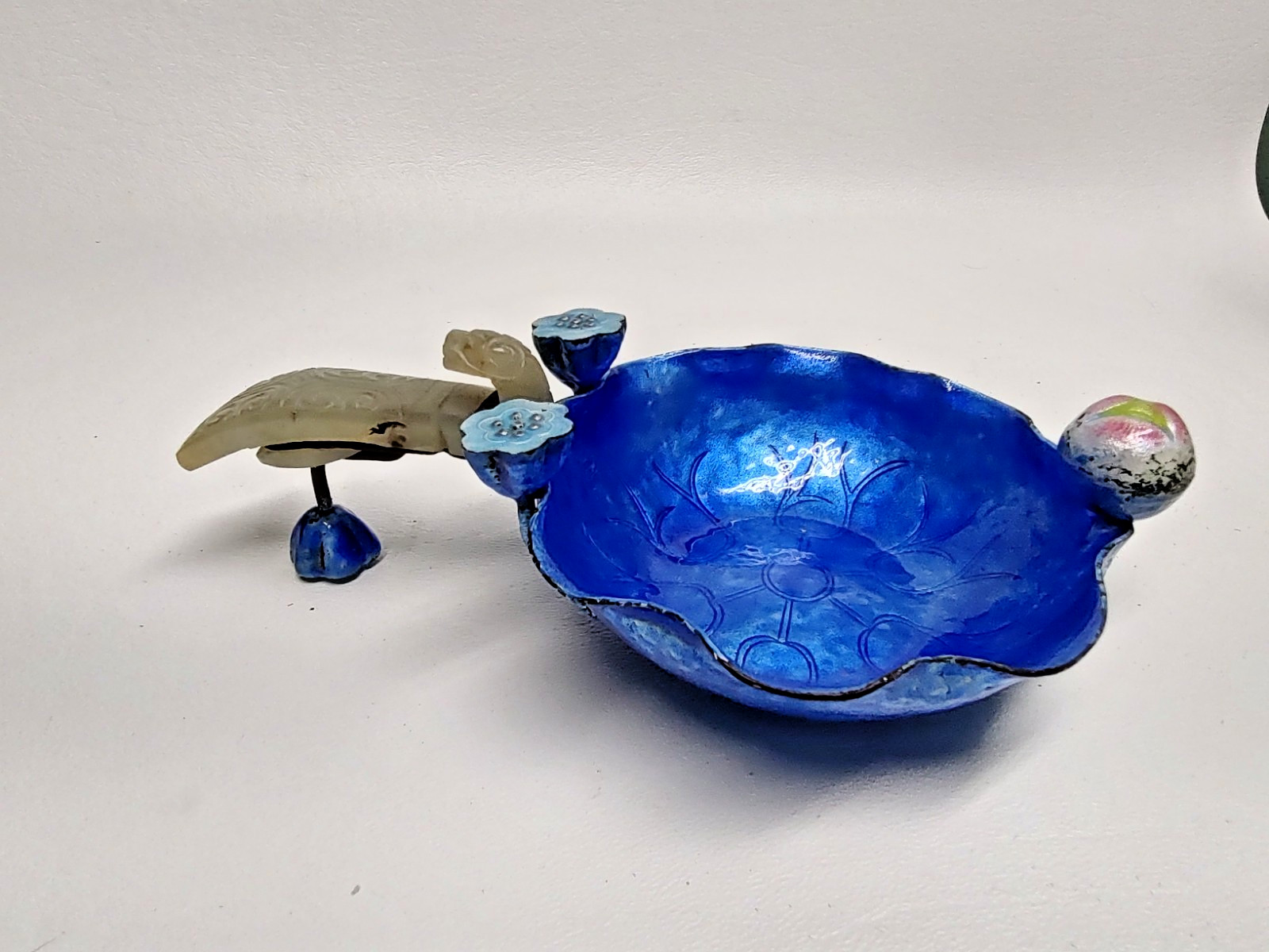 Antique Chinese Canton Blue Enamel Lotus Dish with Jade Hook Handle 6\