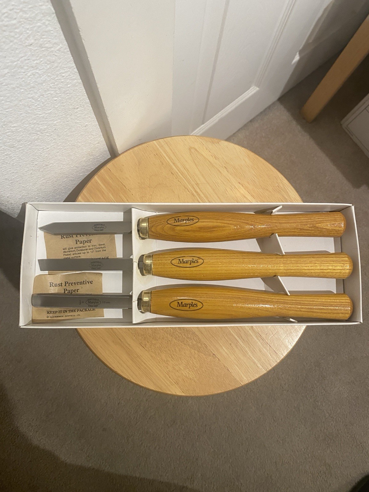 MARPLES VINTAGE WOOD TURNING CARPENTRY 3 PC CHISEL TOOL SET W/ORIGINAL BOX