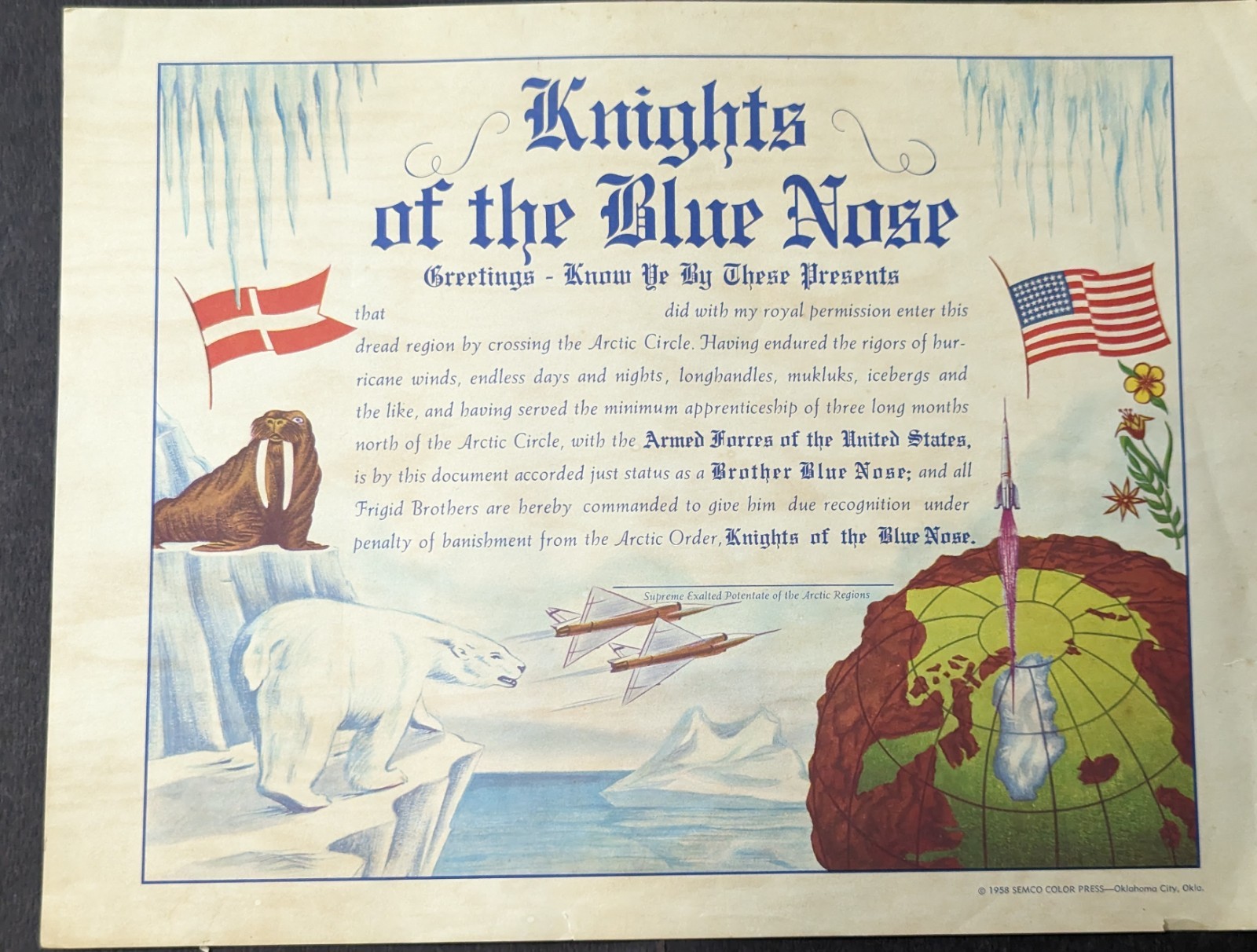 ***VINTAGE 1958 KNIGHTS OF THE BLUE NOSE CERTIFICATE***UNUSED