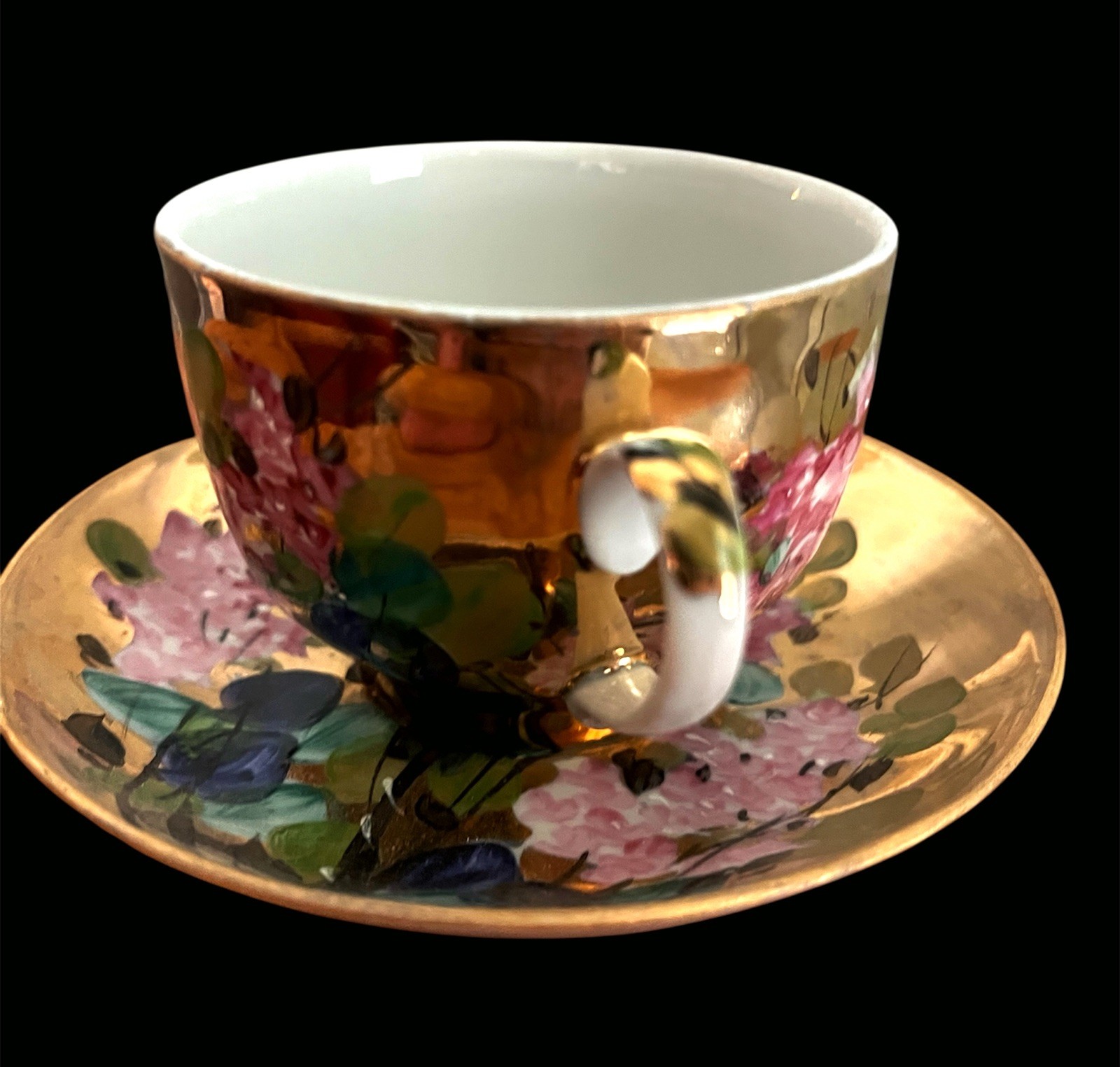 Signed Artist Dulevo Porcelain Cup & Saucer Vintage Russian Soviet Gold Floral