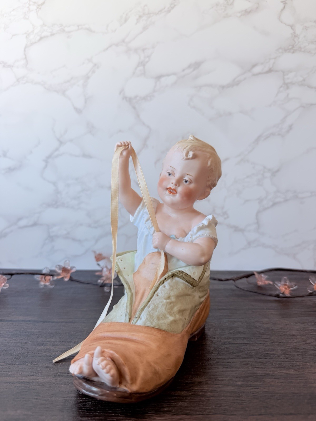 Heubach Boy In The Shoe Piano Baby Antique Figurine, Germany c.1910, 7”