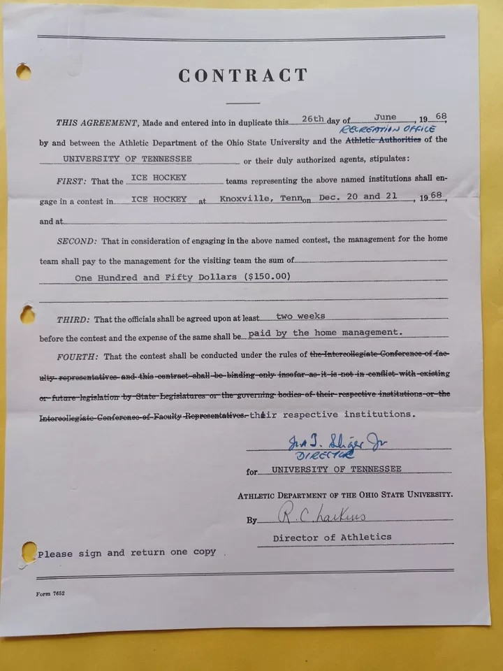 1968 Ohio State vs Tennessee Ice Hockey Game Contract Signed Richard Larkins OSU