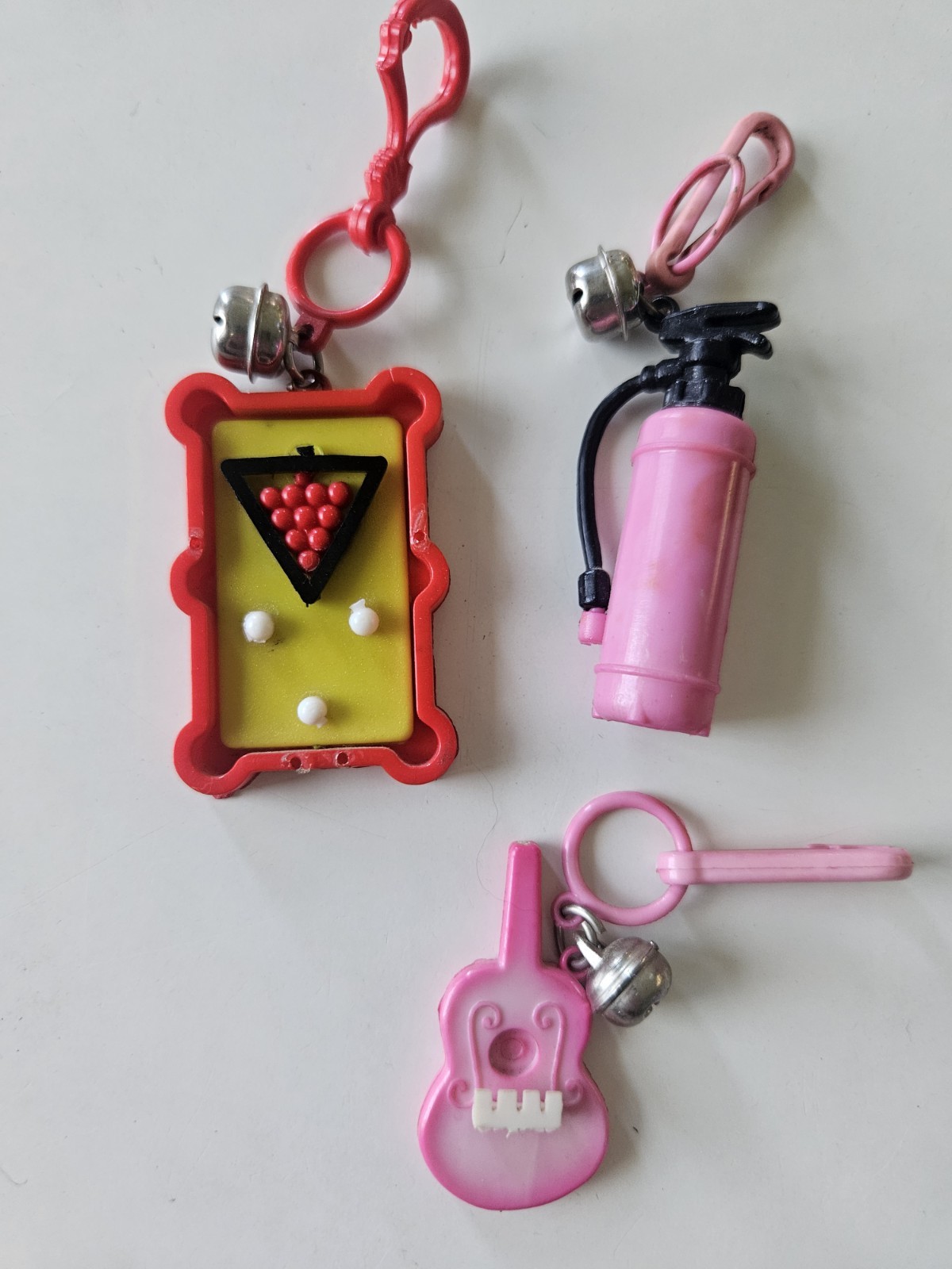80’s Bell Charm Lot Of 3 Clip On Vtg Charms Pool Table Fire Extinguisher Guitar
