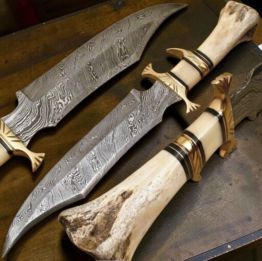 Custom Handmade Damascus Steel 15 Inches Bowie Knife - Hunting Knife Bone Knife.