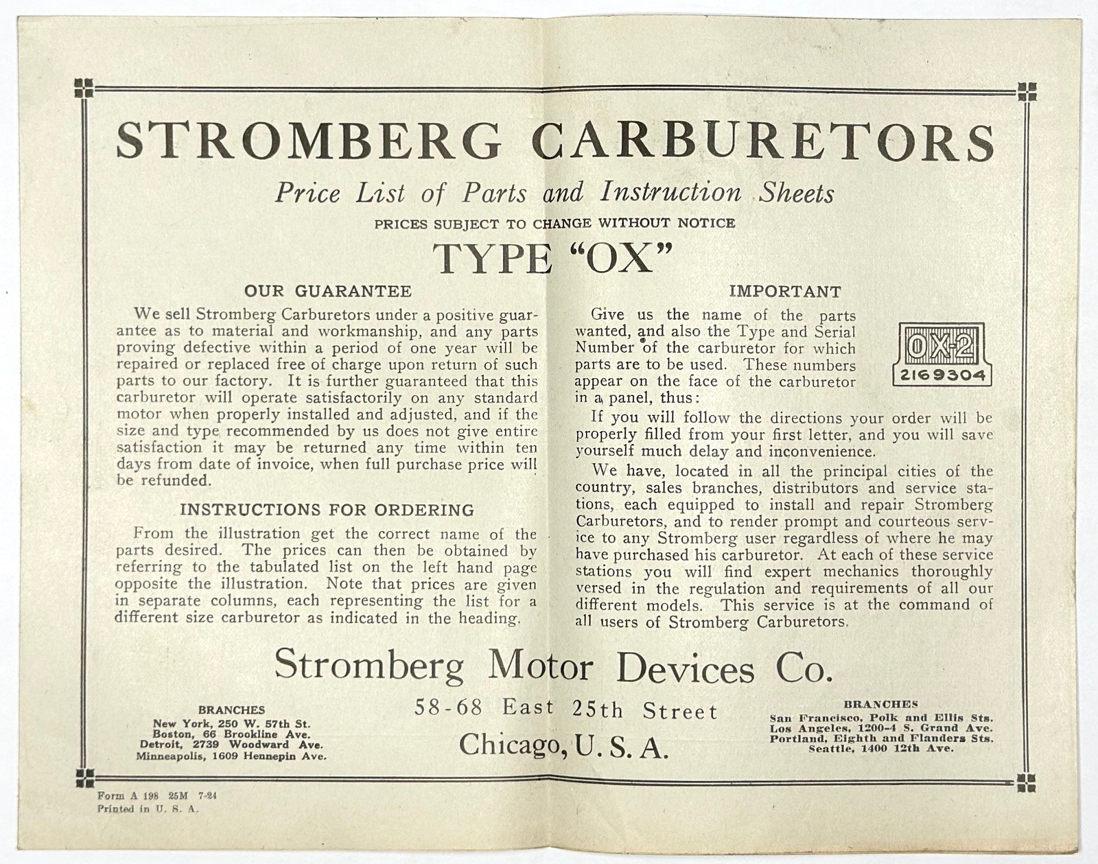 1924 STROMBERG CARBURETORS TYPE OX PARTS PRICE LIST INSTRUCTION SHEETS CHICAGO