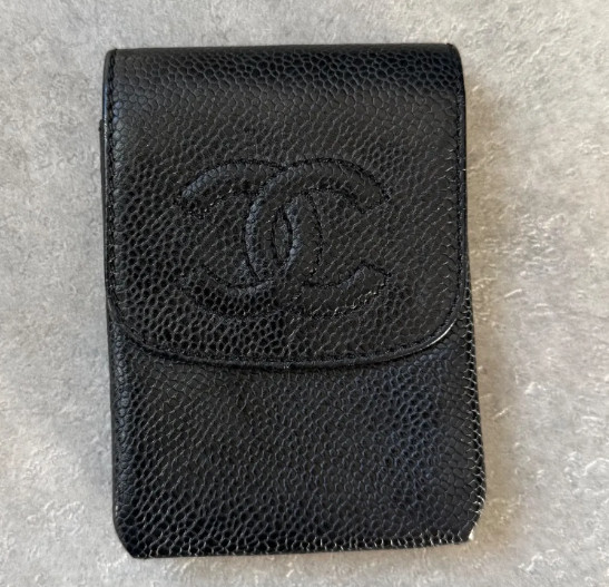CHANEL Cigarette Case Coco Mark Caviar Skin Pouch Black Tobacco Accessory Used