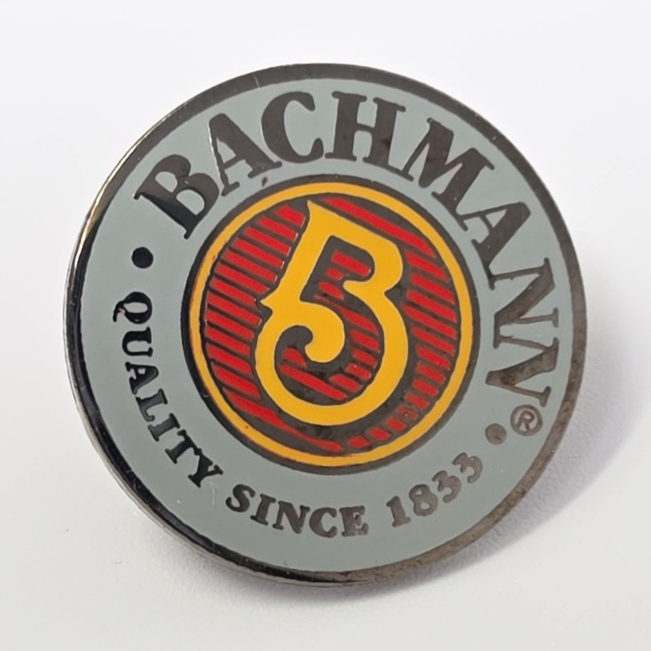 Bachmann Trains Grey Retro Enamel Logo Collectible Round Pinback Button