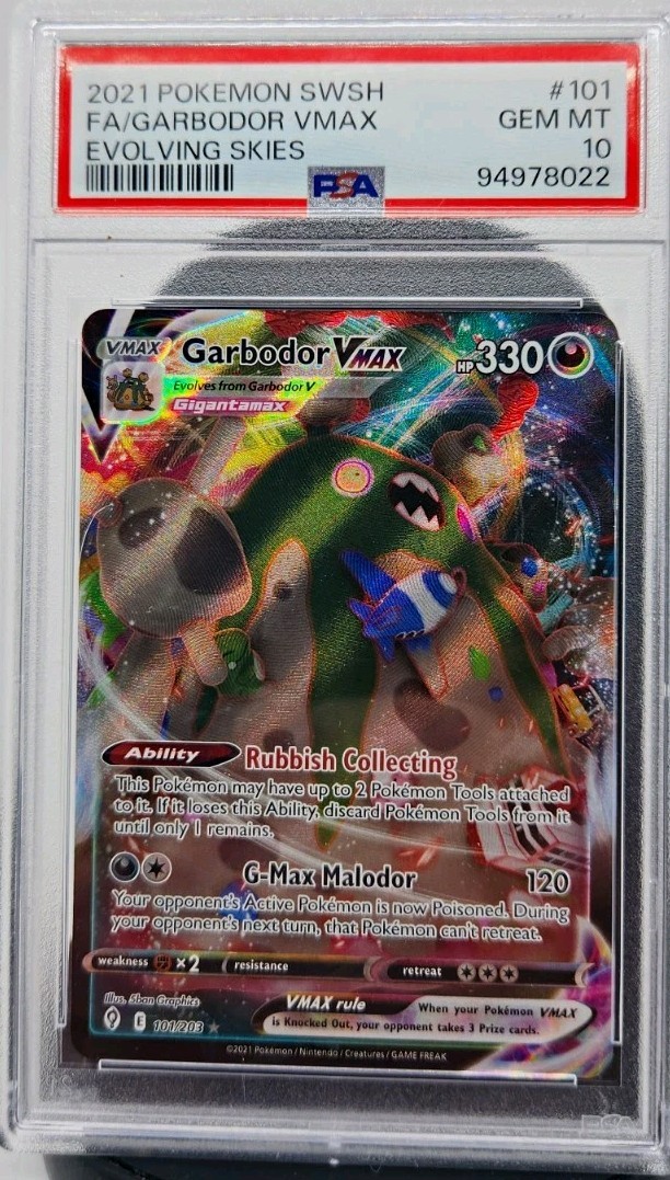 Pokémon 2021 Evolving Skies Garbodor VMAX Full Art #101 PSA 10