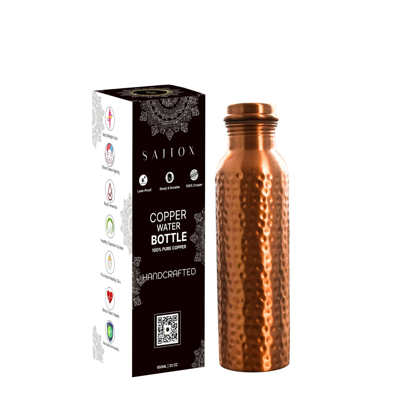 SAJTOX Hammered Copper Water Bottle - Indian Handmade Ayurveda Healing Water Bot