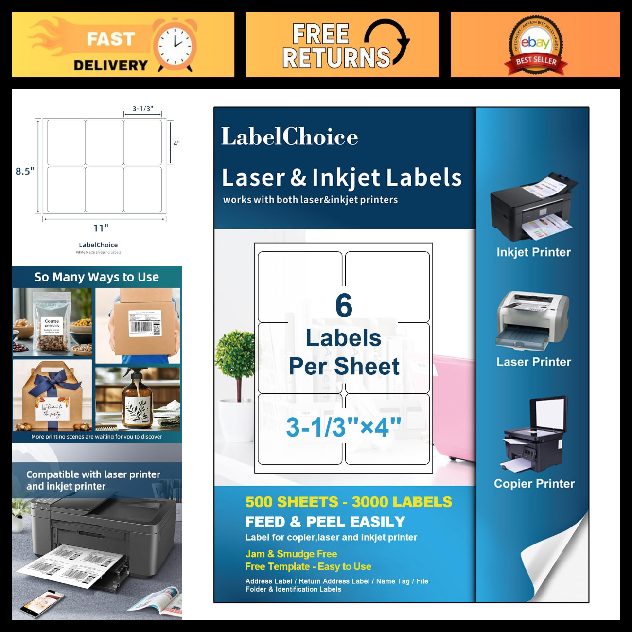 500 Sheets 3000 Pcs 3-1/3 x 4 6 Up Shipping Address Labels for Laser & Inkjet Pr