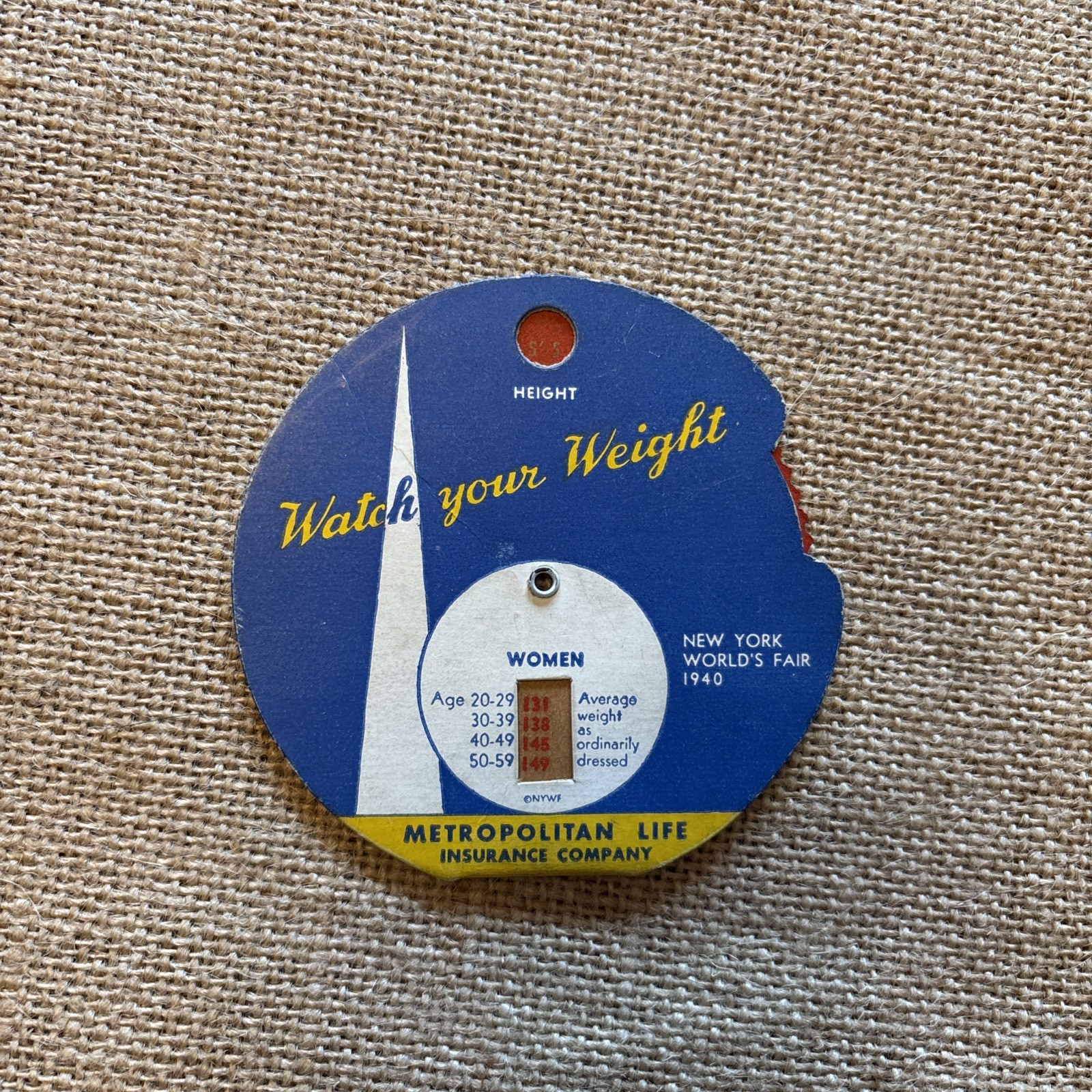 Vtg 1939/40 New York World’s Fair Watch Your Weight Tracker Metropolitan Life