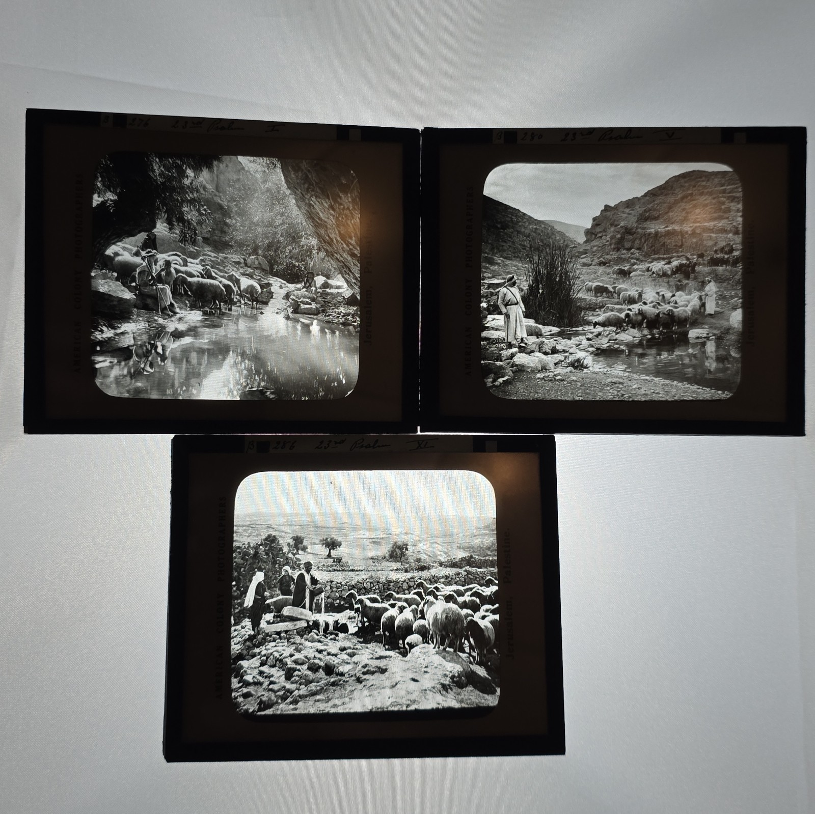 3x Antique American Colony Magic Lantern Slides 23rd Psalm Jerusalem Palestine