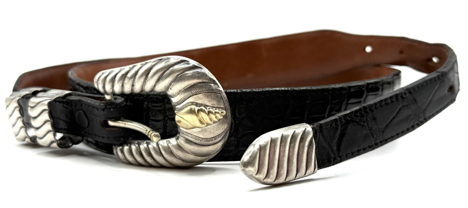 Bohlin Ahmad Kahn Two Moons Ranger Buckle Sterling Silver 14K Gold Alligator