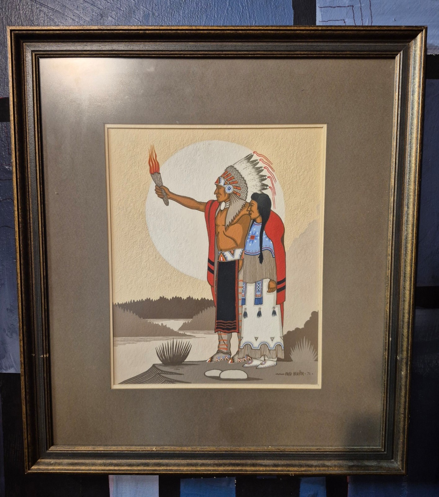 Fred Beaver 1971 Original Gouache Painting \'The Lovers\' Native American Framed