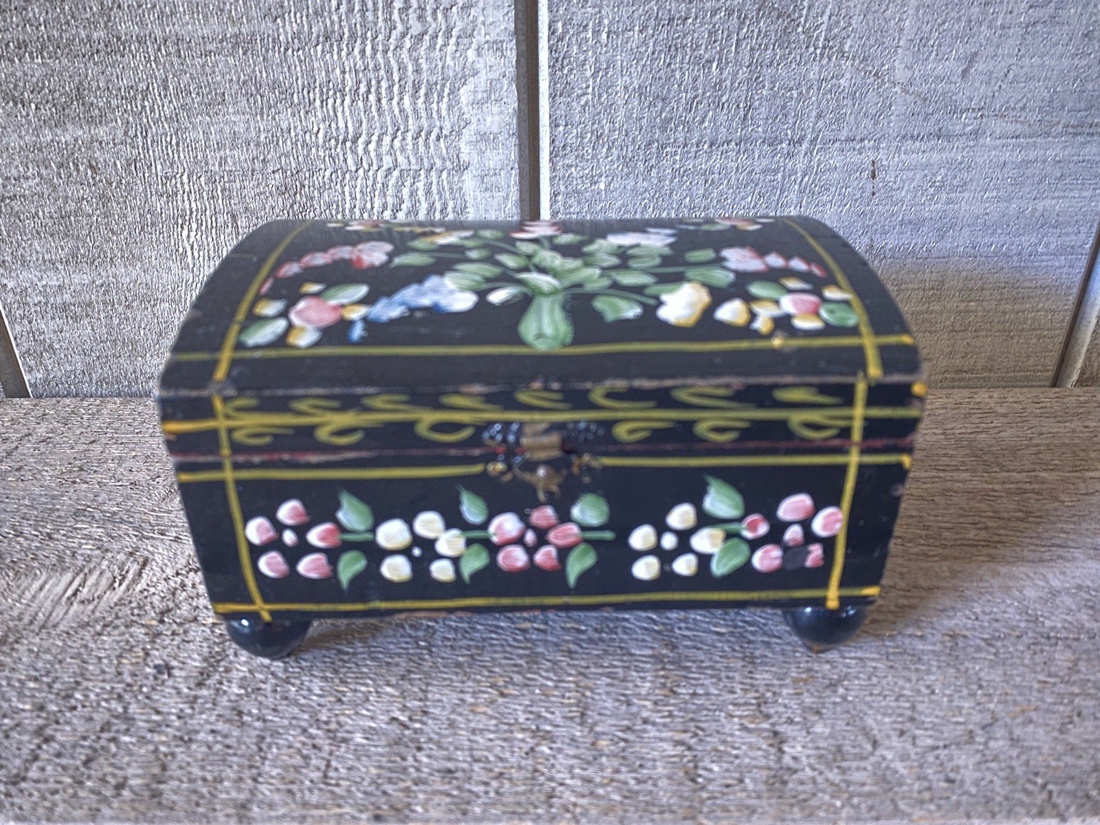 Vintage Hand Painted Wood Trinket Box With Mirror