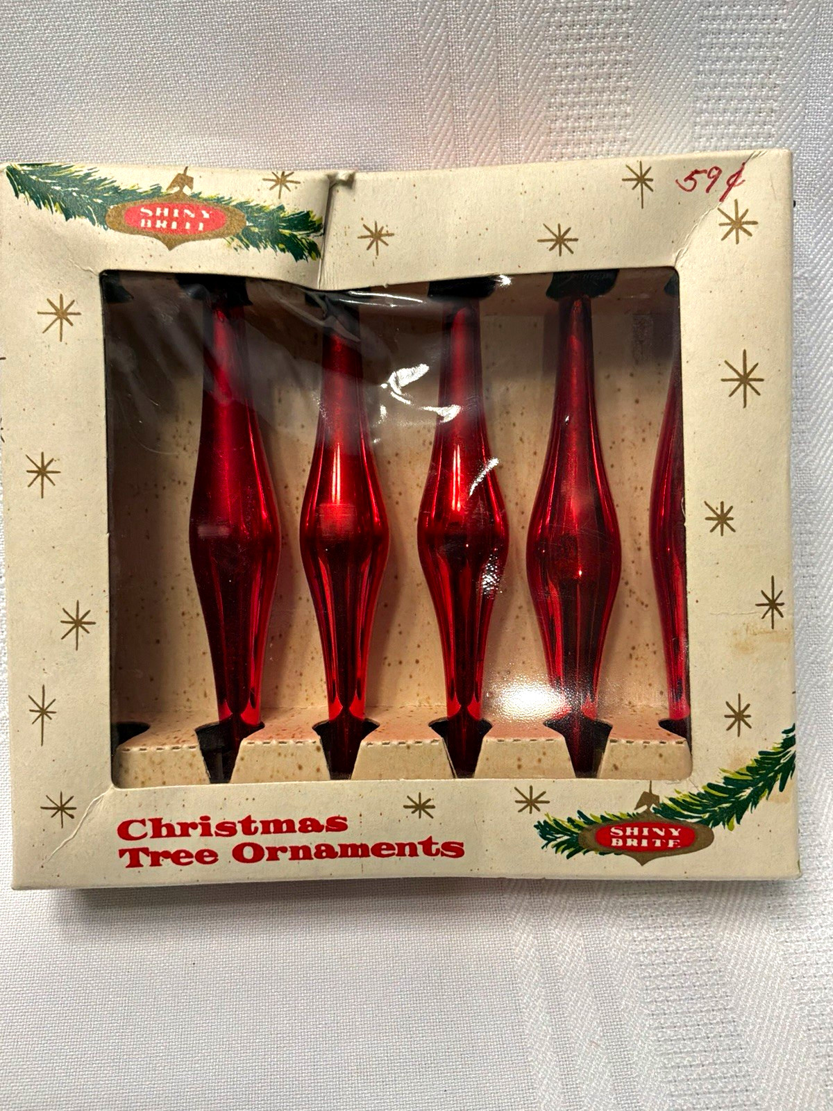5 Vtg Shiny Brite Red Glass Teardrop Christmas Tree Ornaments 4” w/box Japan