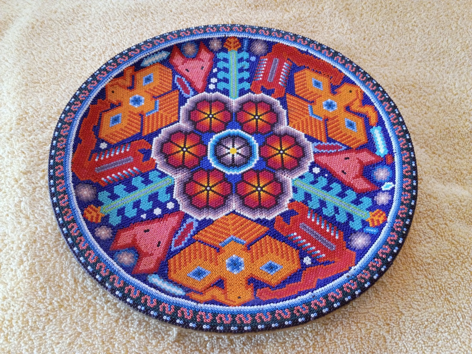 BEAUTIFUL Mexican Huichol Beaded Plate/Wall Hanging on Wood