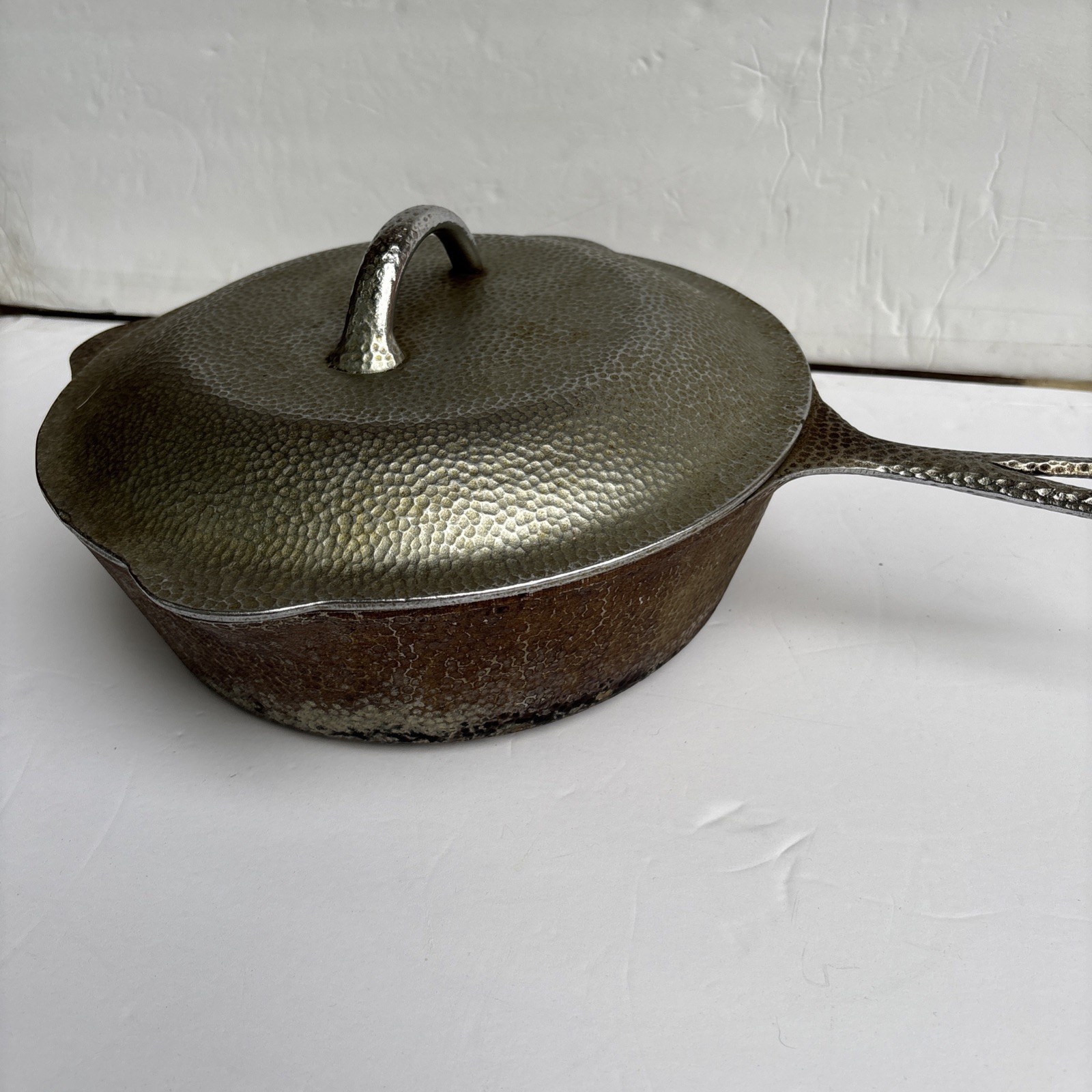 Vintage Lodge Hammered # 8 Skillet With Hammered Lid - Nickel Finish