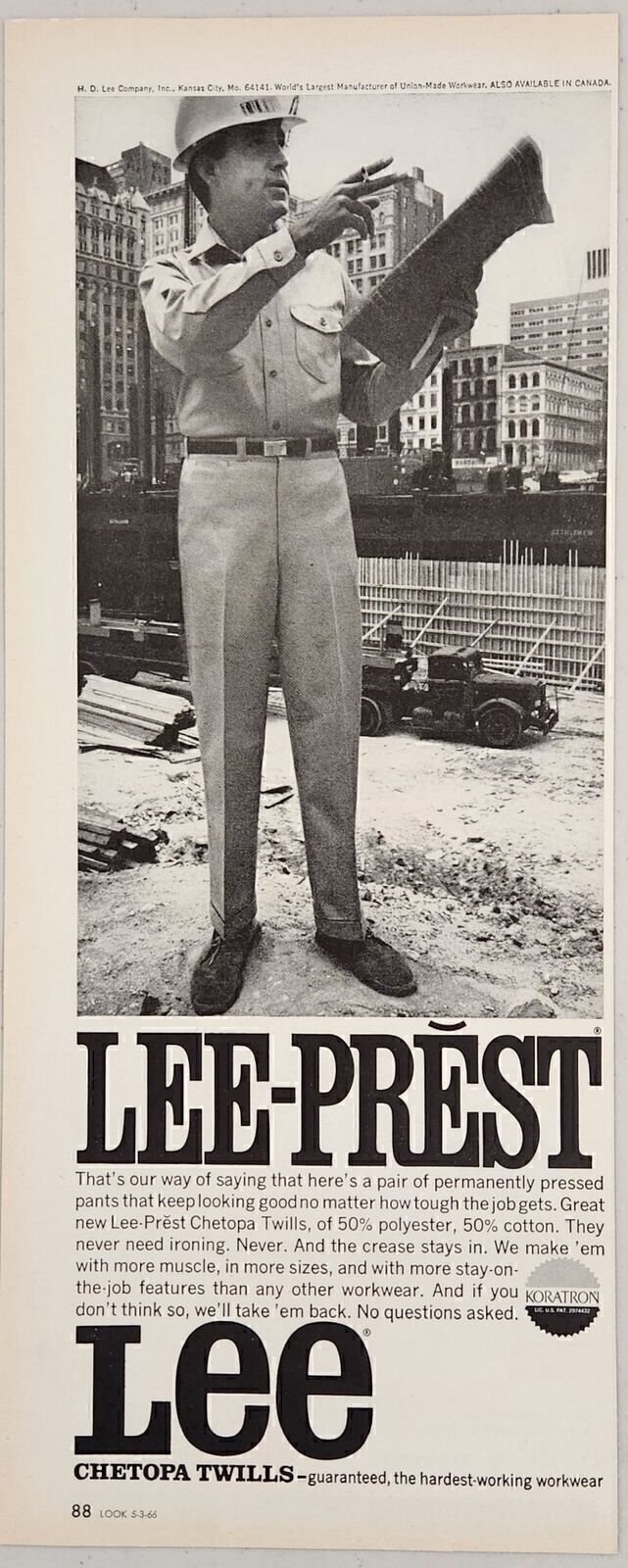 1966 Print Ad Lee-Prest Chetopa Twills Men\'s Work Clothes Construction Site