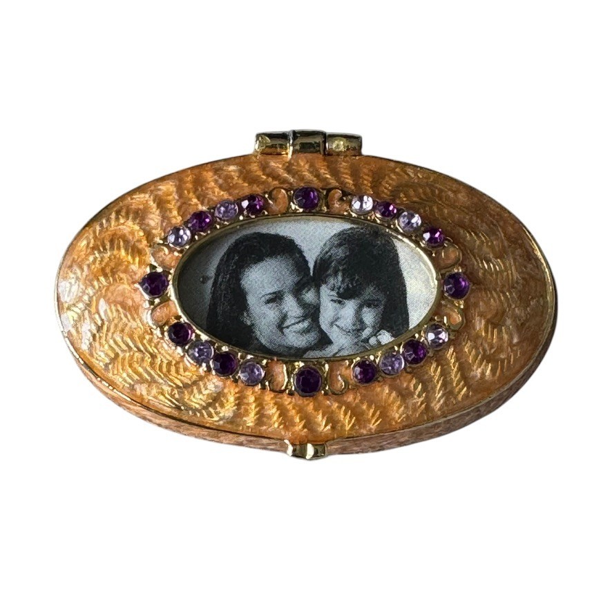 Vintage Monet Enameled Oval Pill Box Purple Rhinestone Photo Locket Case