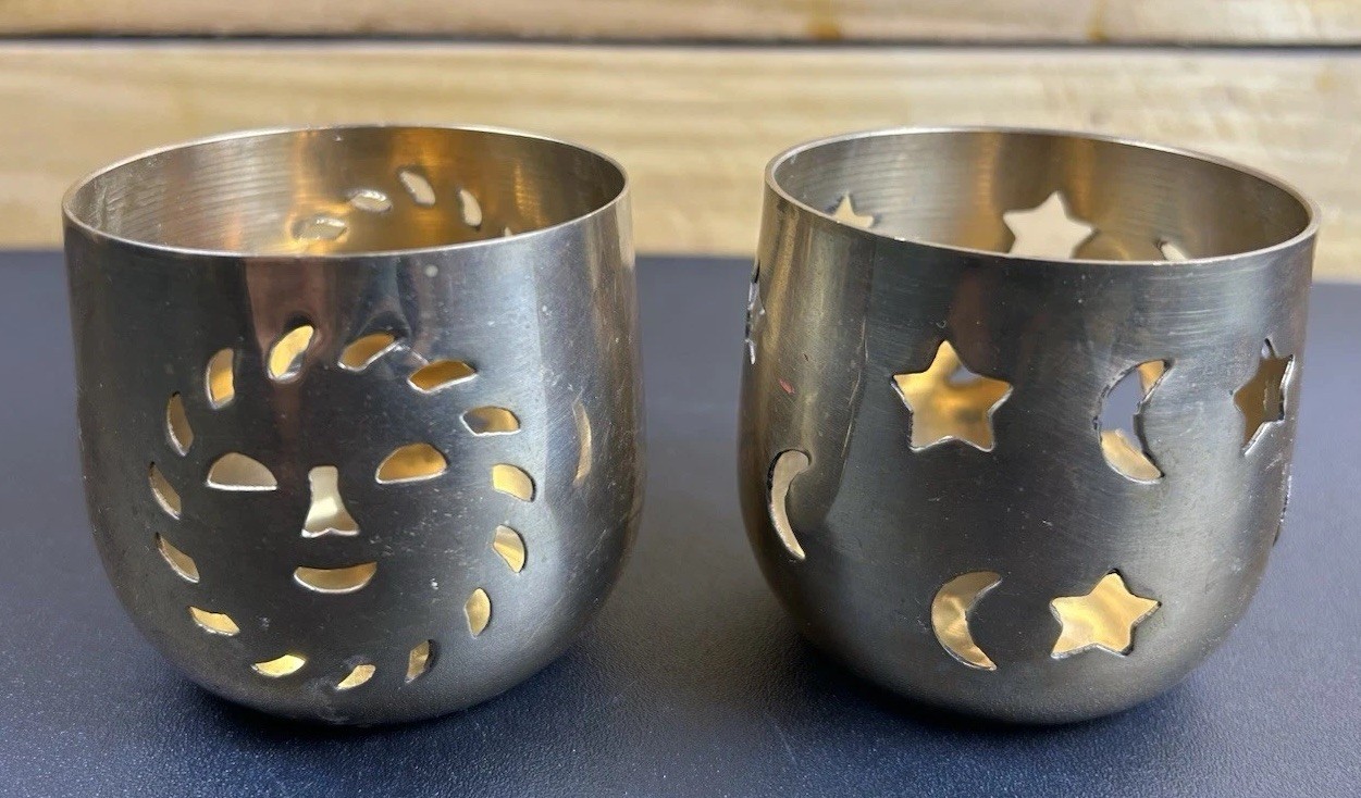 2 Vintage Brass Votive Candleholder Celestial Moons Stars Sun Cut Out Design