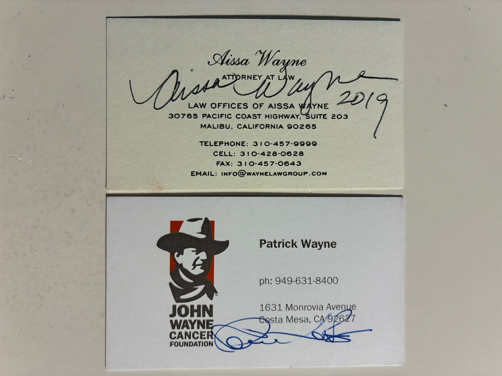 PATRICK & AISSA WAYNE autograph Signed Business Card CHILDREN OF JOHN WAYNE