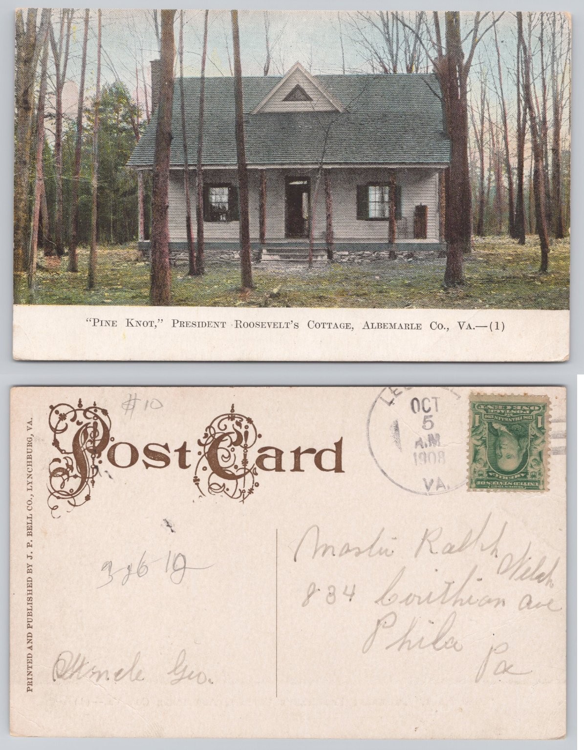 1908 Pine Knot President Theodore Roosevelt Cottage Albemarle Co VA Postcard