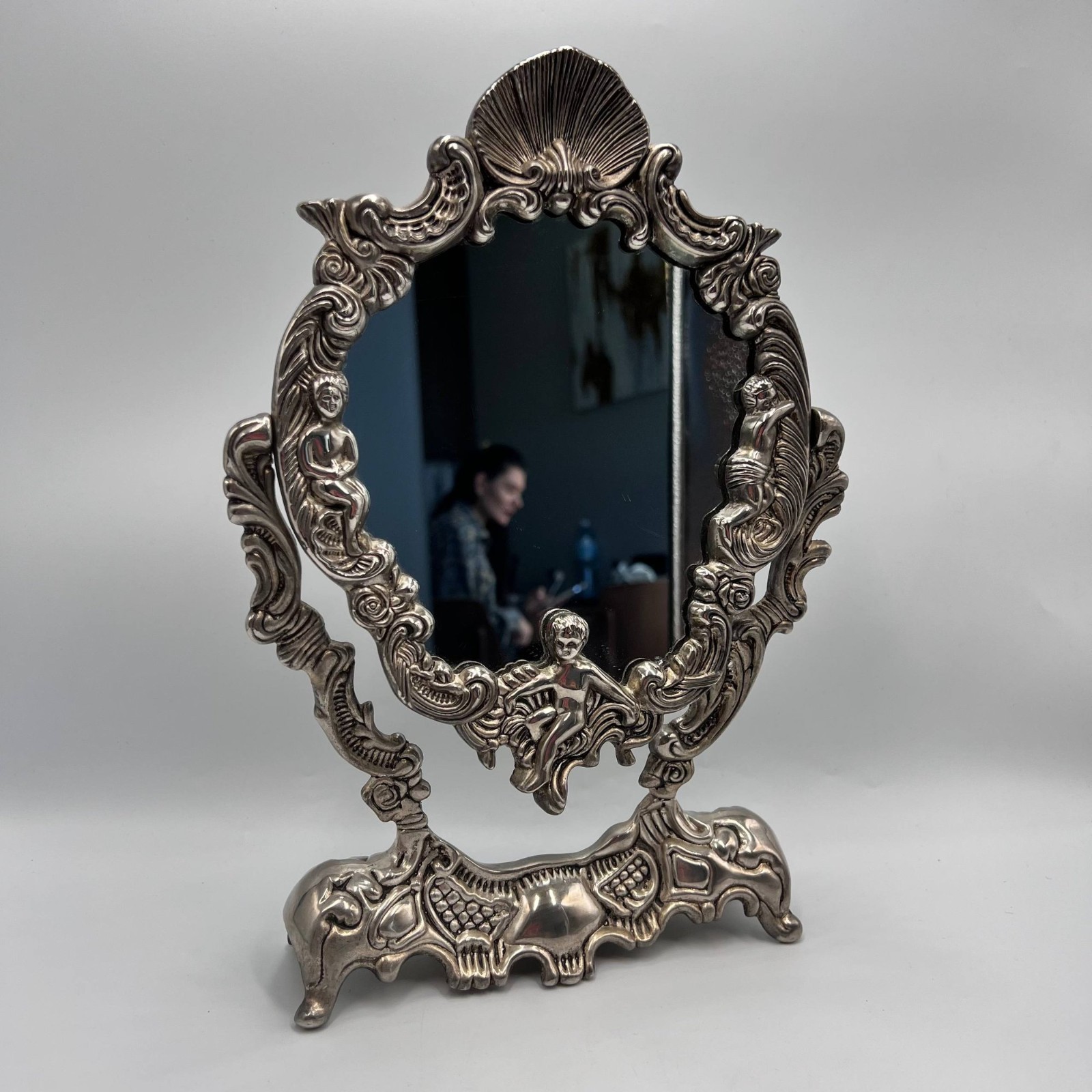 Vintage 1950s Silver Plated Tabletop Vanity Mirror Putti Cherub Baroque 12.2 In