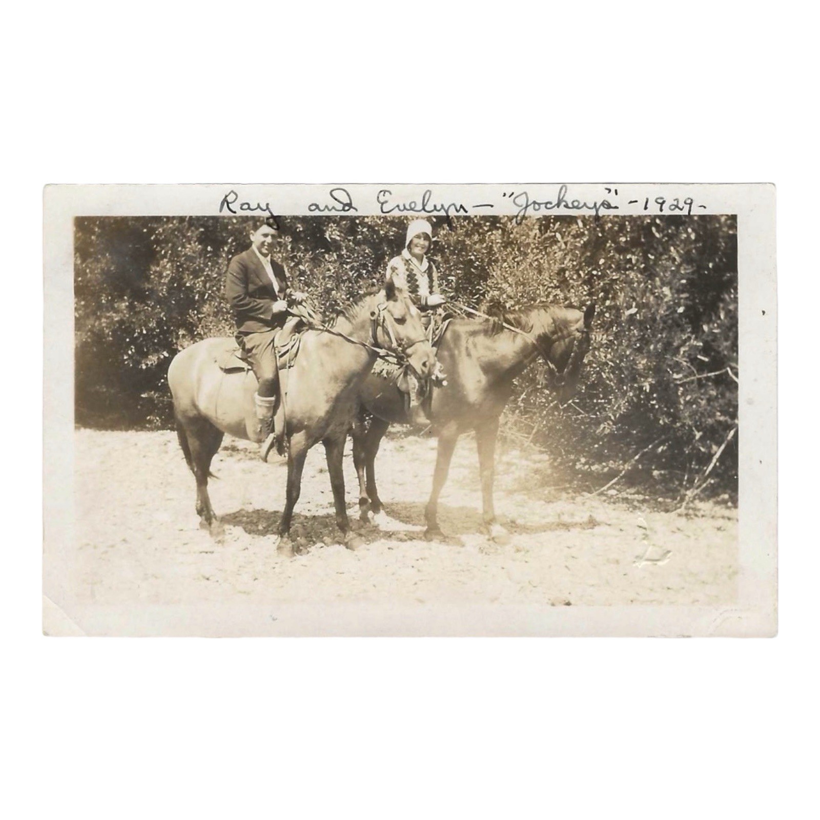 Vintage Snapshot Photo 1929 Man And Woman On Horseback Horses 1920s Photograph