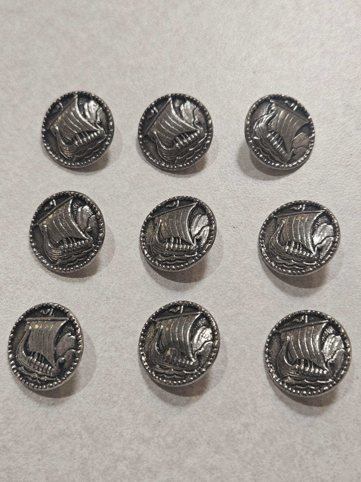 Vintage Norwegian Nordic Pewter Buttons Oseberg Viking Ship Lot Of 9