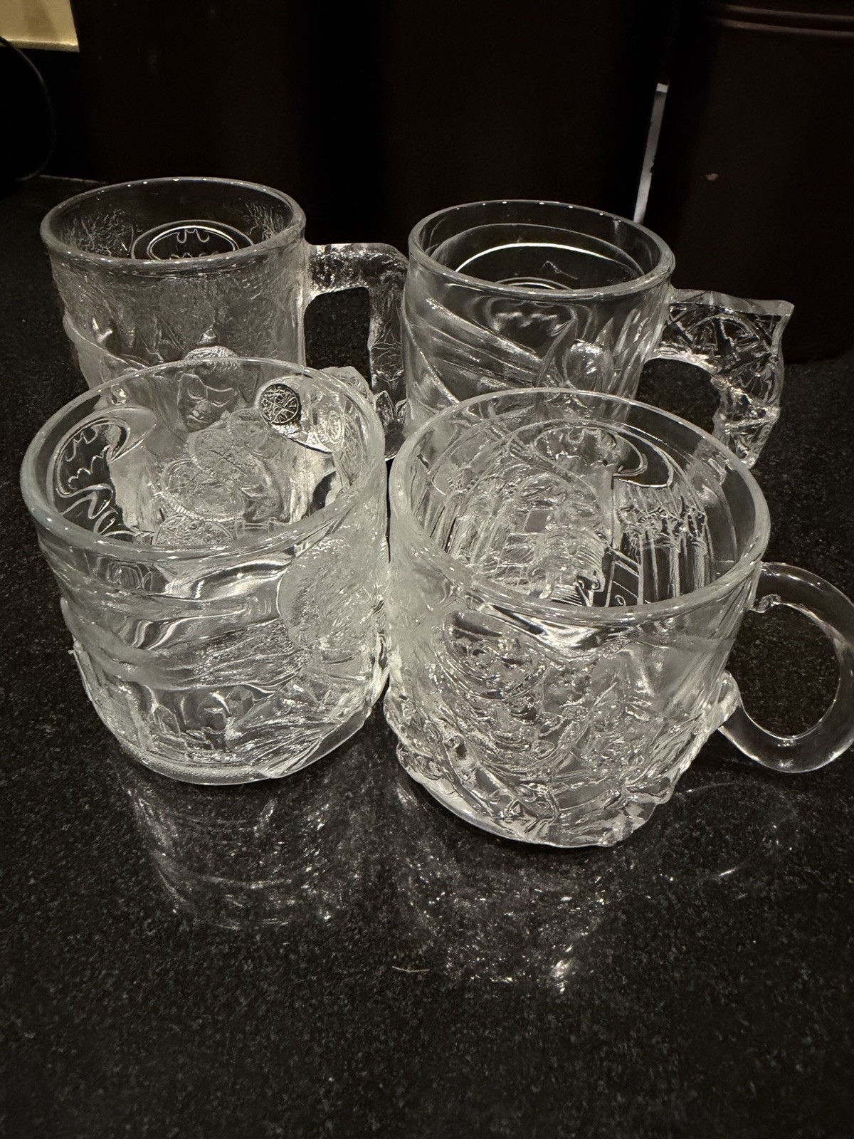 Vintage 1995 McDonalds Batman Forever Embossed Glass Set of 4 Clear Cups Mugs DC
