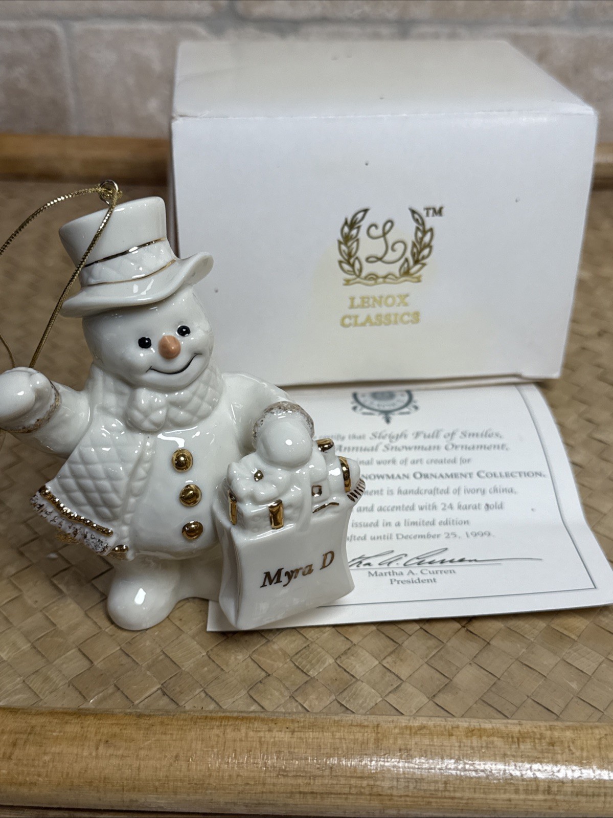 1999 Lenox Annual Porcelain Snowman Ornament - Box