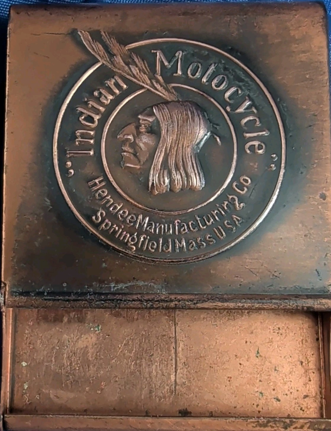 Copper Indian Motorcycle Hendee MFG Co. Match Book Cover Holder Vtg Early 1900\'s