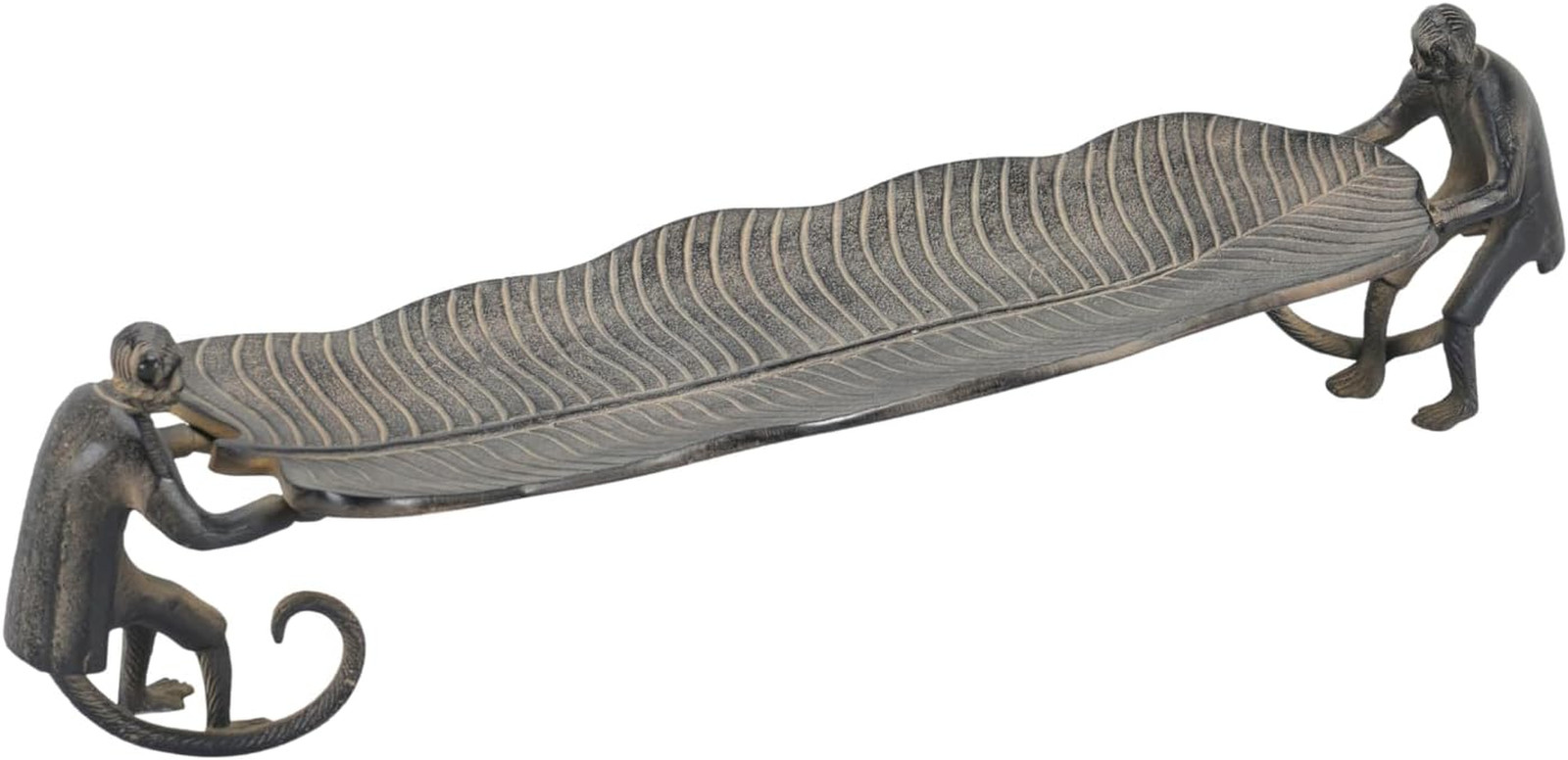 Vintage Leaf Tray with Monkey Sculptures - Handmade Aluminum Home Decor 17”