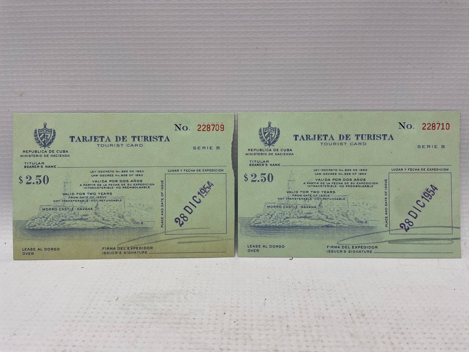 1954 Cuba Tourist Card & Info Slip Pair Havana Travel Ephemera Lot