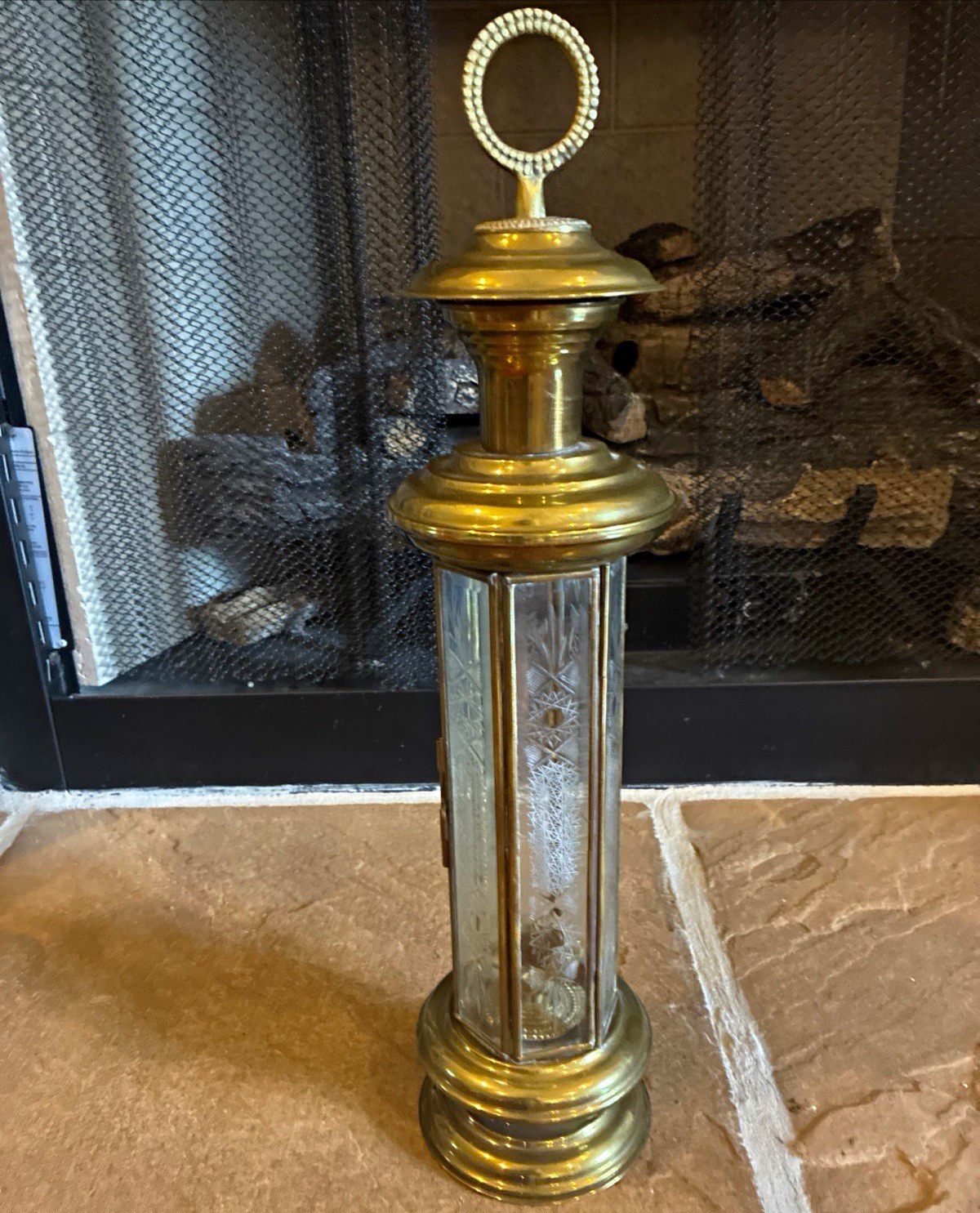 Vtg Early Brass & Etched Glass Panes Hexagon Candle Holder Lantern 20”