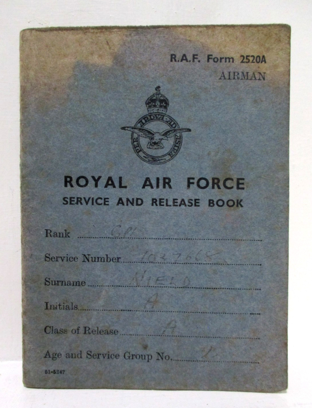WW2 Royal Air Force RAF Police Service and Release Book Cpl A Nield 1037668