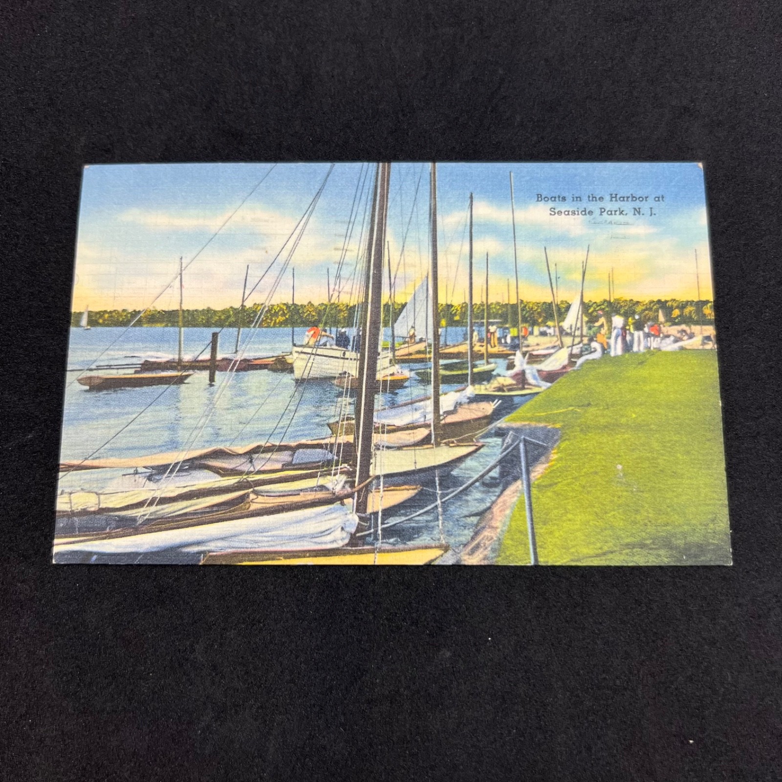 Vintage Seaside Park NJ Boats in Harbor Linen Postcard 1944 Tichnor New Jersey